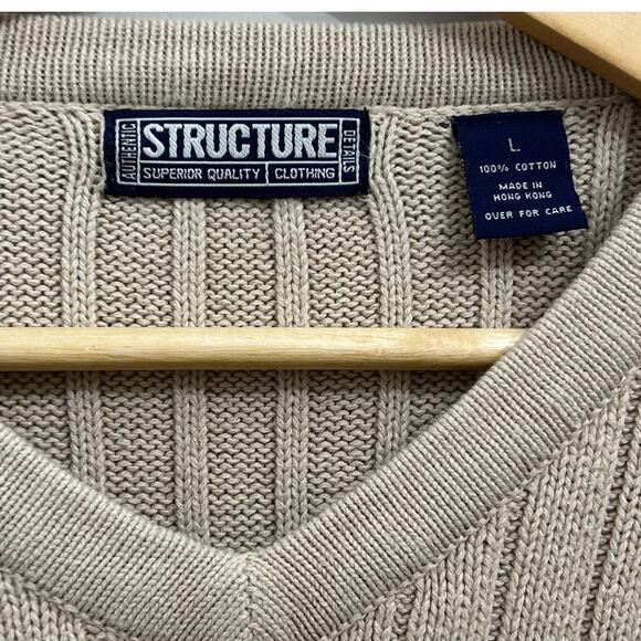 90s Structure Sweater Men's Beige Navy Stripe V Neck Cotton Ribbed Vintage - Picture 3 of 4